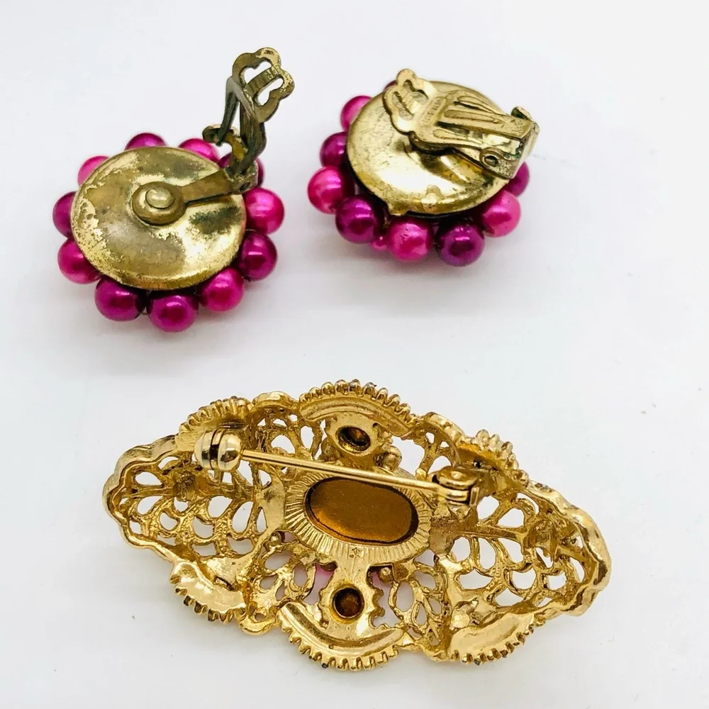 Vintage Pink Rhinestone Brooch & Earrings